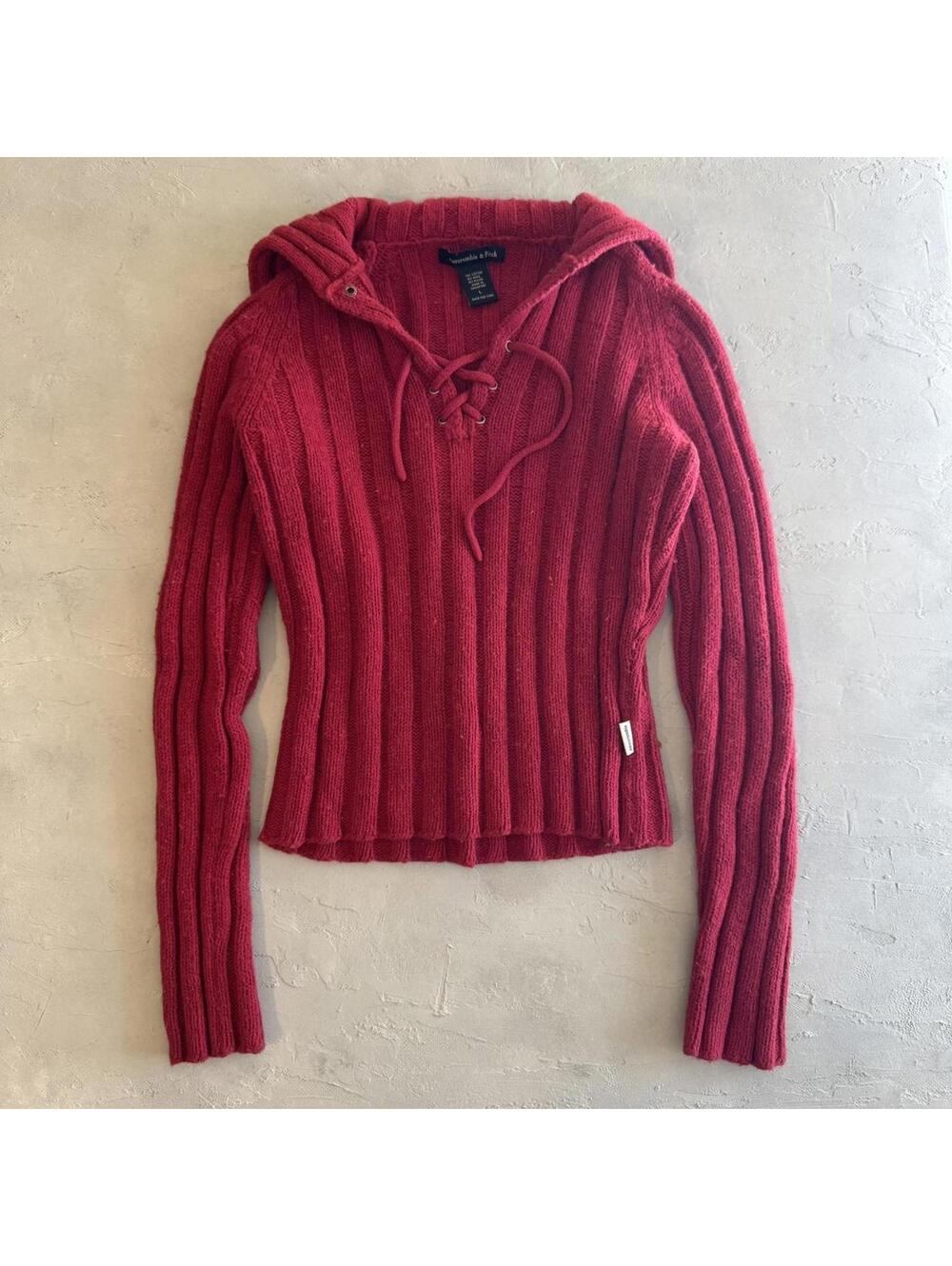 Vintage Y2K Abercrombie and Fitch Red Lace Up Cropped Ribbed Sweater